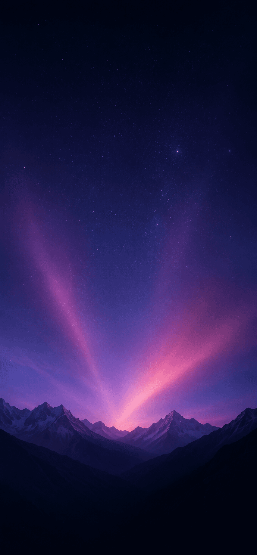 Twin snow-capped mountain peaks lit by a pink and violet aurora glow, inspired by the Bulgarian legend of Rila and Pirin