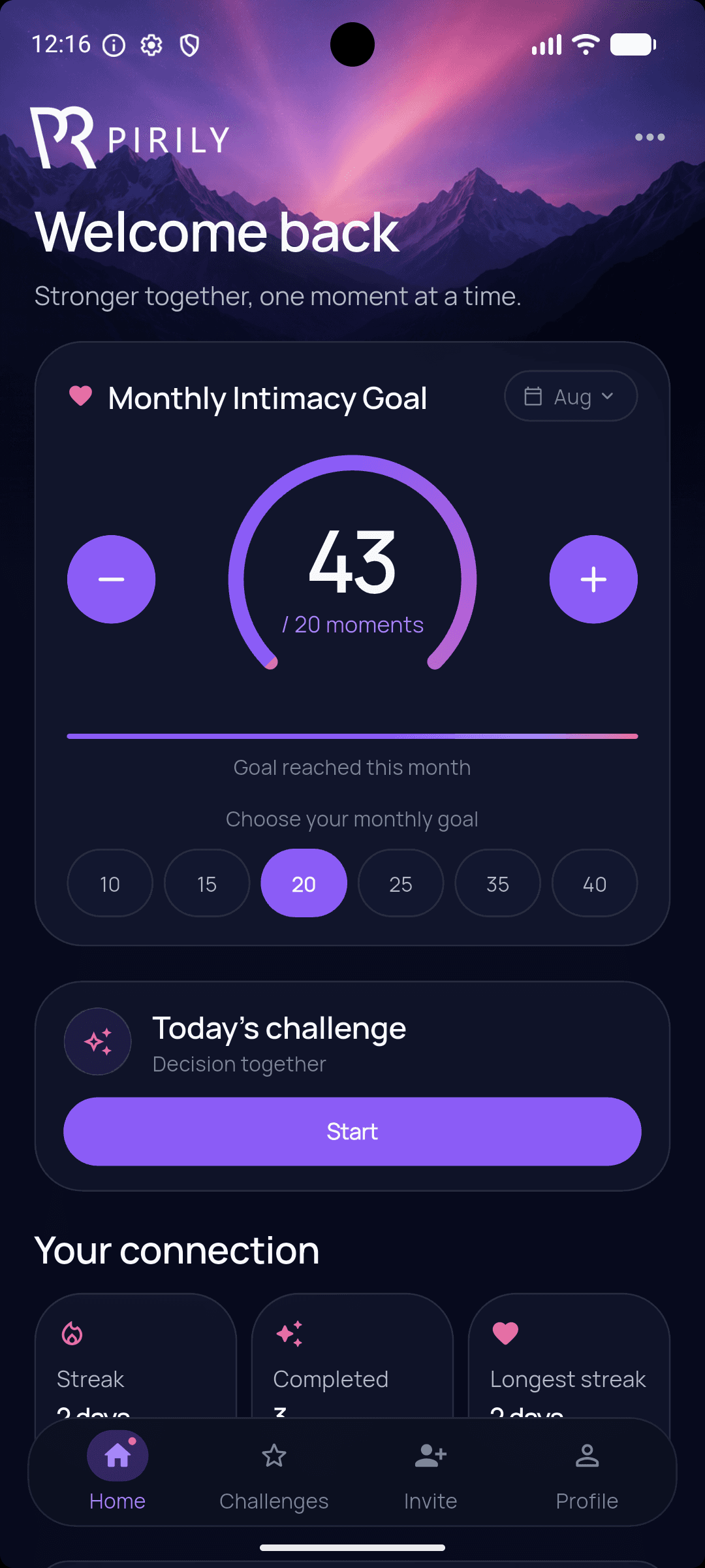 PIRILY home screen with shared goals, streaks and today's challenge