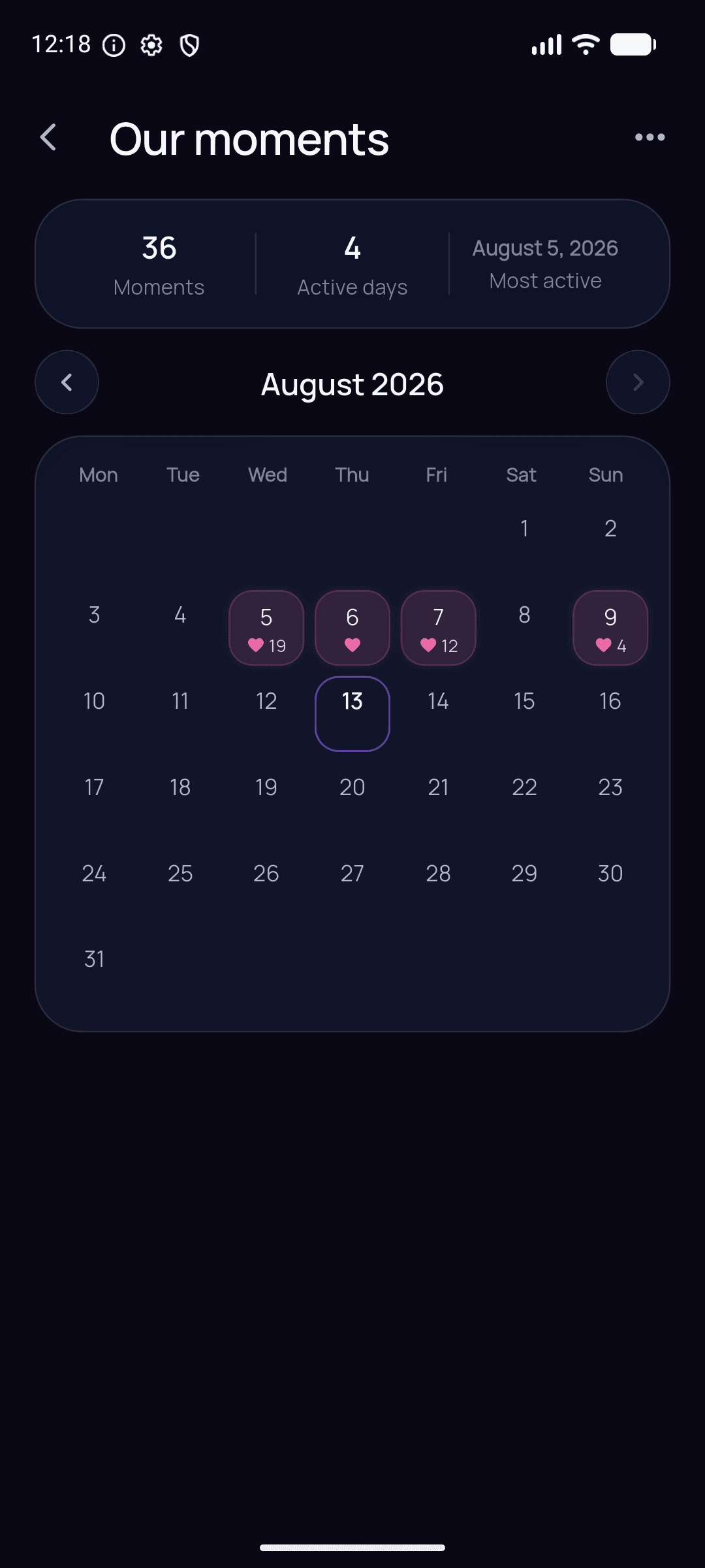 PIRILY moments calendar showing a shared history of memories